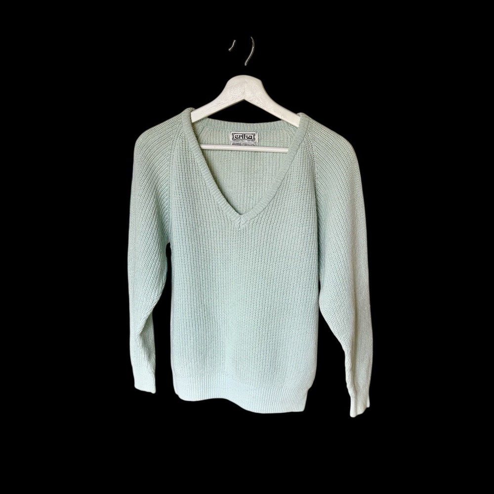 Vintage 70's Erika Sweater Womens Med Vneck Preppy Academia Mint‎ Green